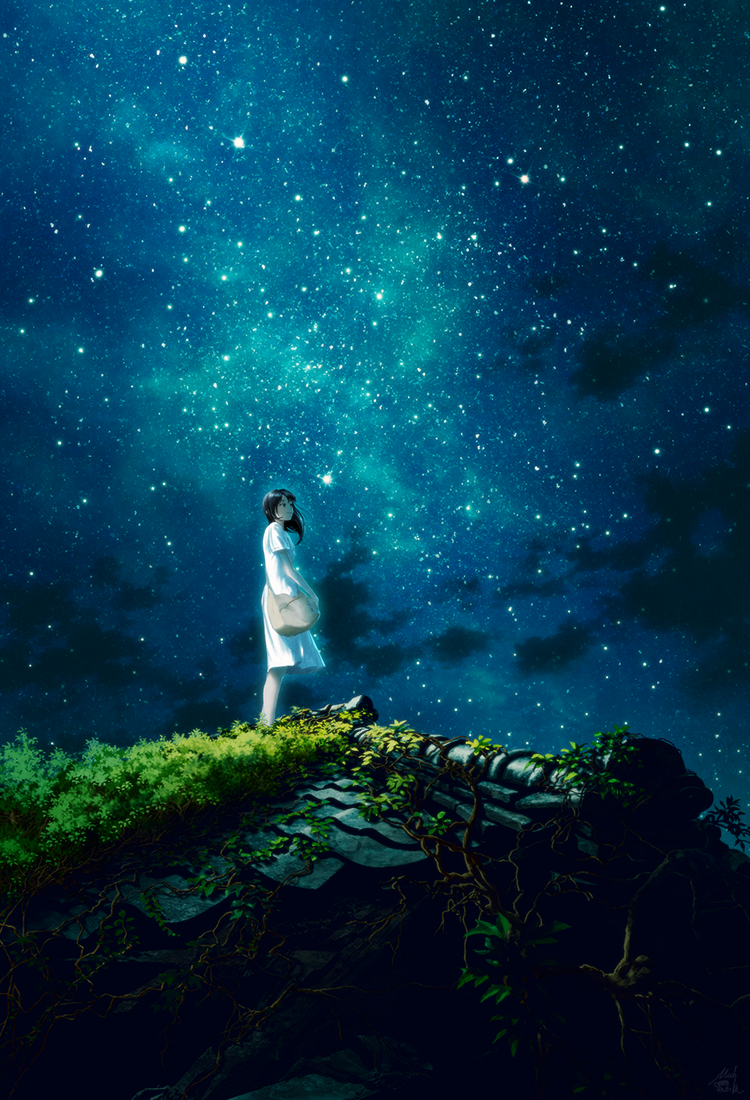 1girl bag black_hair closed_mouth clouds cloudy_sky commentary_request dress grass green_sky long_hair mocha_(cotton) night night_sky original outdoors ruins scenery short_sleeves shoulder_bag sky solo standing white_dress