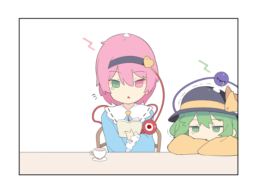 1koma 2girls :d bangs black_border black_hairband black_hat blue_shirt blush book border bright_pupils comic cup eyebrows_visible_through_hair frilled_shirt_collar frilled_sleeves frills green_eyes green_hair hair_ornament hairband hat hat_ribbon head_on_table head_rest heart heart_hair_ornament heterochromia holding holding_book jitome komeiji_koishi komeiji_satori long_sleeves motion_lines multiple_girls open_book open_mouth orange_ribbon pink_eyes pink_hair reading ribbon ribbon-trimmed_collar ribbon_trim saryuu_(iriomote) shirt short_hair siblings simple_background sisters sleeves_past_fingers smile solo_focus speech_bubble string table teacup third_eye touhou trembling triangle_mouth upper_body white_background