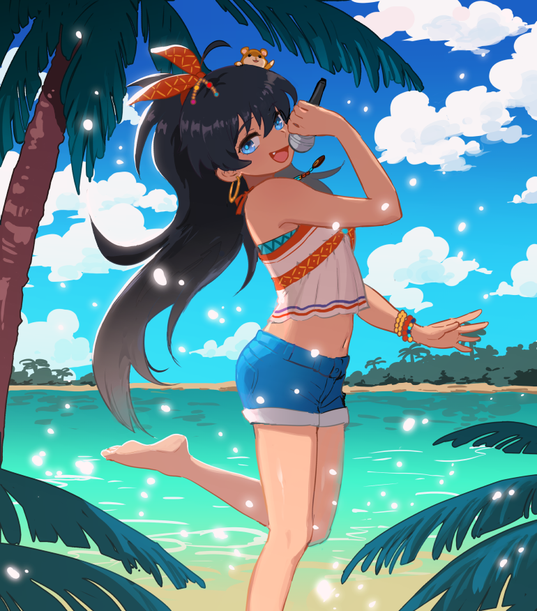 1girl :d ahoge animal animal_on_head arm_up bare_arms bare_legs bare_shoulders barefoot bay black_hair blue_eyes blue_sky bracelet clouds day denim denim_shorts earrings fang ganaha_hibiki hair_ribbon hamster hamuzou holding holding_microphone hoop_earrings idolmaster idolmaster_(classic) imjayu jewelry leaf leg_up light_particles long_hair looking_at_viewer looking_to_the_side microphone music navel ocean on_head open_mouth orange_ribbon palm_tree ribbon shiny shiny_skin shore short_shorts shorts singing sky sleeveless smile standing standing_on_one_leg tree very_long_hair water