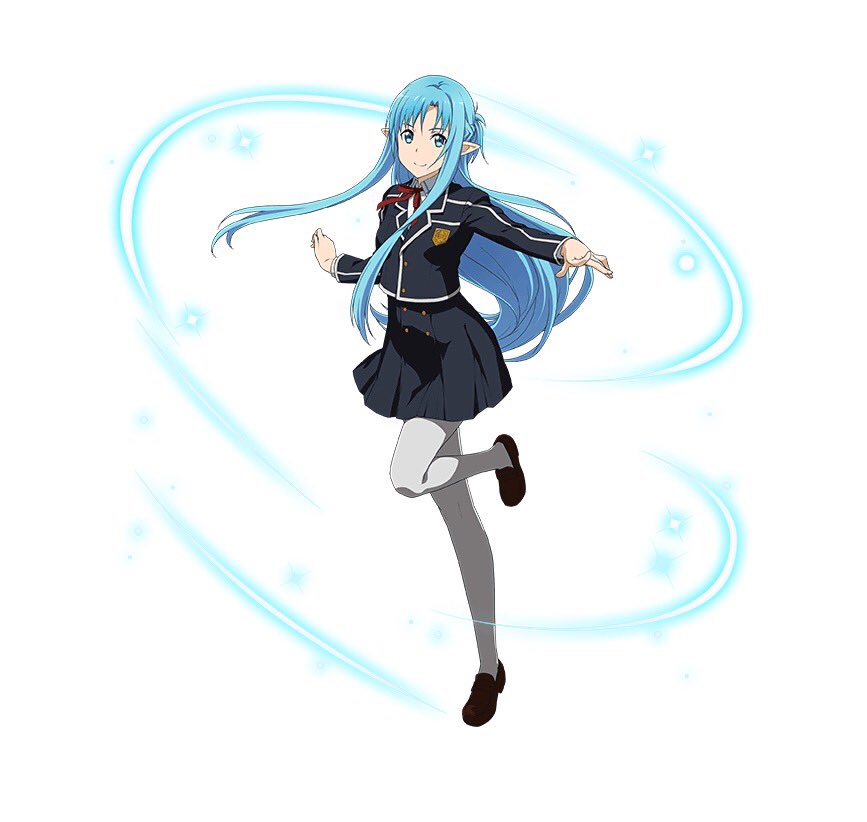 1girl asuna_(sao-alo) black_jacket black_skirt blue_eyes blue_hair brown_footwear floating_hair grey_legwear jacket long_hair looking_at_viewer miniskirt neck_ribbon one_leg_raised outstretched_arms pantyhose pleated_skirt pointy_ears red_ribbon ribbon school_uniform shirt shoes simple_background skirt smile solo standing standing_on_one_leg sword_art_online uniform very_long_hair white_background white_shirt