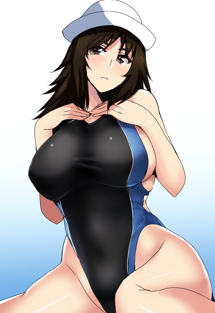 1girl bangs black_eyes black_hair black_swimsuit blue_background breasts closed_mouth competition_swimsuit frown girls_und_panzer gradient gradient_background hands_on_own_chest head_tilt highleg highleg_swimsuit highres koujun_(mugenzero) large_breasts long_hair looking_at_viewer murakami_(girls_und_panzer) one-piece_swimsuit sitting solo swimsuit wariza
