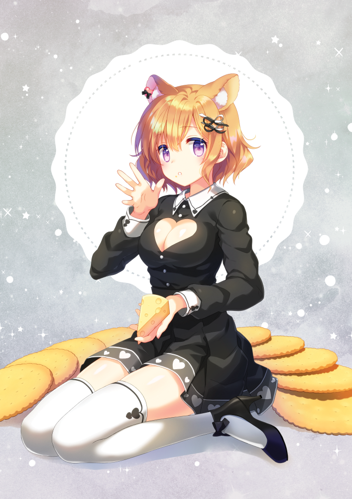 1girl animal_ears bangs black_dress blonde_hair bow breasts cheese cleavage cleavage_cutout cookie dress eyebrows_visible_through_hair food full_body hair_ornament hair_ribbon heart high_heels holding holding_food long_sleeves looking_at_viewer narinn original ribbon salute short_hair sidelocks sitting solo thigh-highs violet_eyes wariza white_legwear zettai_ryouiki