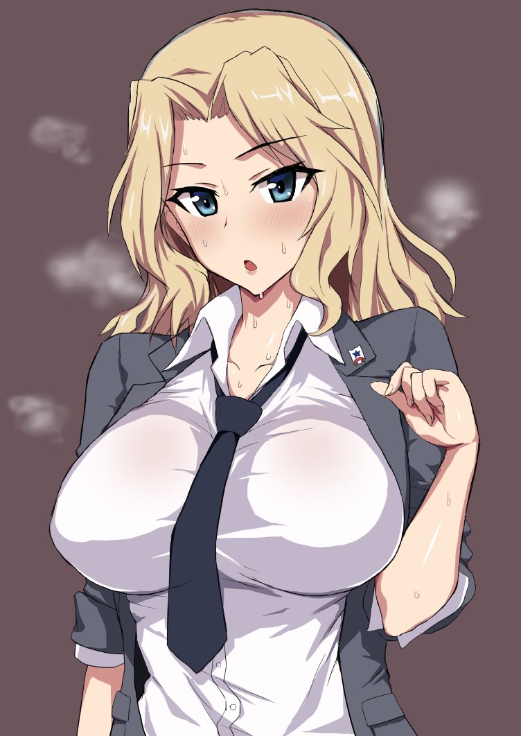 blonde_hair breasts dress_shirt girls_und_panzer grey_jacket jacket kay_(girls_und_panzer) large_breasts mordeth necktie saunders_school_uniform shirt steam sweat sweating