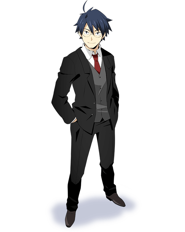 1boy black_jacket black_pants blue_hair formal from_above full_body glasses grey_footwear hair_between_eyes hands_in_pockets jacket log_horizon looking_at_viewer necktie official_art open_clothes open_jacket pants red_neckwear shiroe shirt shoes smile solo standing transparent_background white_shirt