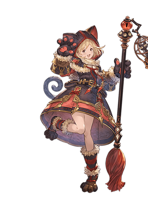 1girl animal_hood black_cat broom cage cat cat_hood cosplay djeeta_(granblue_fantasy) fake_tail full_body gloves granblue_fantasy hood knights_of_glory kuronekodoushi kuronekodoushi_(cosplay) looking_at_viewer minaba_hideo official_art open_mouth paw_gloves paw_shoes paws shoes solo standing standing_on_one_leg