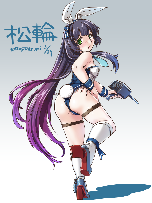 1girl animal_ears ass bare_shoulders blush breasts bunnysuit green_eyes gun kantai_collection long_hair looking_at_viewer looking_back matsuwa_(kantai_collection) purple_hair rabbit_ears small_breasts solo standing tatsumi_rei very_long_hair weapon white_legwear