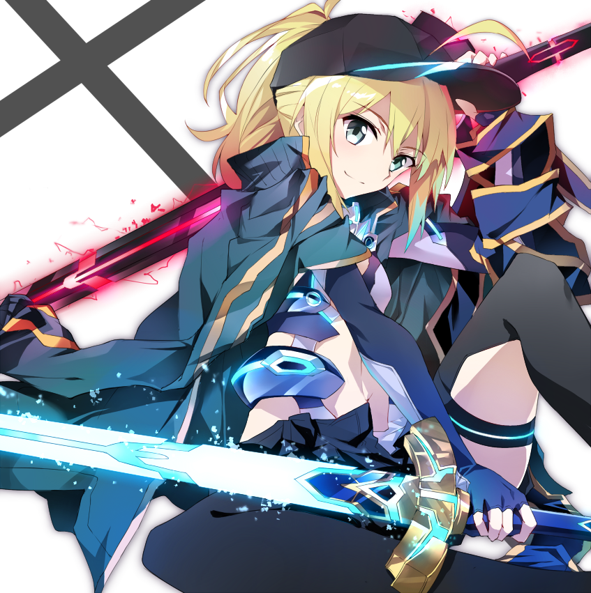 1girl ahoge artoria_pendragon_(all) bangs baseball_cap black_hat black_legwear black_shorts blonde_hair blue_eyes blue_jacket closed_mouth commentary_request dual_wielding eyebrows_visible_through_hair fate/extella fate/extra fate/grand_order fate_(series) hair_between_eyes hair_through_headwear hat head_tilt high_ponytail himitsucalibur holding holding_sword holding_weapon jacket jacket_on_shoulders long_hair long_sleeves looking_at_viewer mysterious_heroine_x ponytail rojiura_satsuki:_chapter_heroine_sanctuary shirt shorts sitting smile solo sword thigh-highs track_jacket tsuedzu weapon white_background white_shirt
