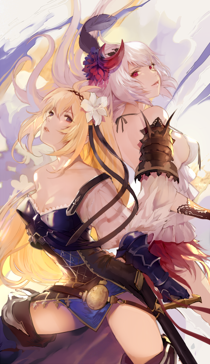 2girls armor bare_shoulders belt blonde_hair blue_eyes boots breasts cleavage collarbone dark_jeanne dual_persona feathers flower gauntlets granblue_fantasy hair_feathers hair_flower hair_ornament jeanne_d'arc_(granblue_fantasy) long_hair looking_back medium_breasts multiple_girls nido_celisius parted_lips red_eyes sheath sideboob silver_hair skirt sword thigh-highs thigh_boots weapon