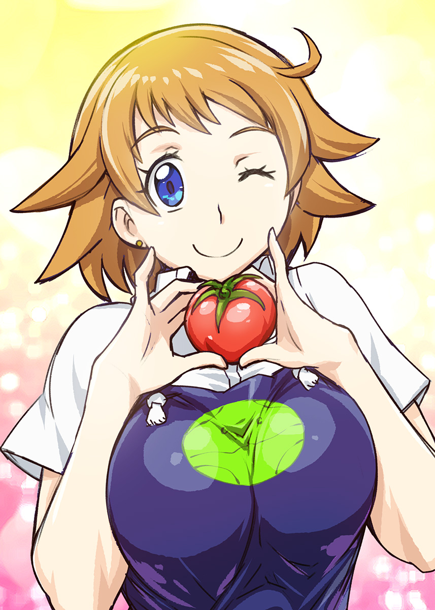 1girl ;) apron blue_eyes breast_squeeze breasts brown_hair collared_shirt earrings eyelashes gundam gundam_build_divers haro highres jewelry large_breasts looking_at_viewer nanase_nanami_(gundam_build_divers) one_eye_closed pink_background shiny shiny_hair shirt short_hair short_sleeves smile solo tomato ueyama_michirou white_shirt yellow_background