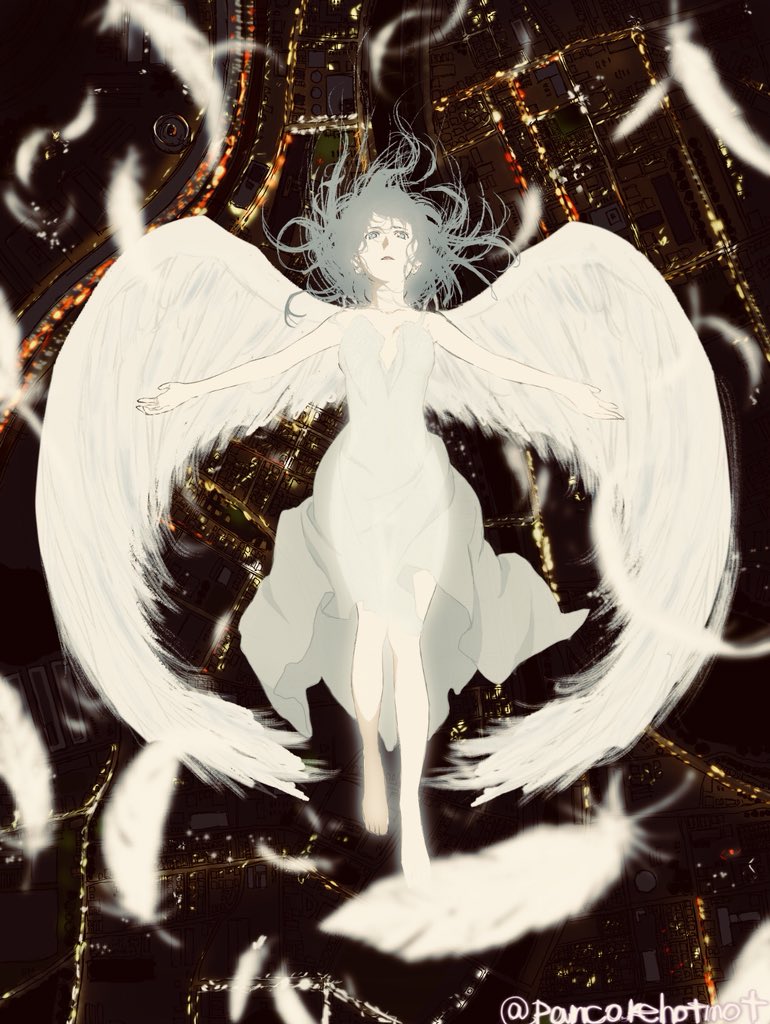 1girl angel angel_wings blurry blurry_foreground city_lights closed_mouth depth_of_field dress feathers floating_hair flying_sweatdrops grey_dress grey_hair looking_at_viewer night original outdoors pale_skin see-through_silhouette shirokuro-kun solo twitter_username wings