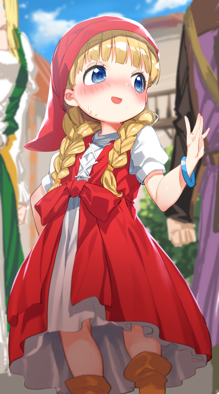 1girl :d bangle bangs blonde_hair blue_eyes blue_sky blurry blurry_background blush bracelet braid clouds day depth_of_field dragon_quest dragon_quest_xi dress eyebrows_visible_through_hair green_dress hair_tie hat highres jewelry juliet_sleeves long_hair long_sleeves looking_away looking_to_the_side low_twintails nose_blush open_mouth outdoors puffy_short_sleeves puffy_sleeves red_dress red_hat short_sleeves sky smile solo_focus sweat tousaki_shiina twin_braids twintails veronica_(dq11) white_dress