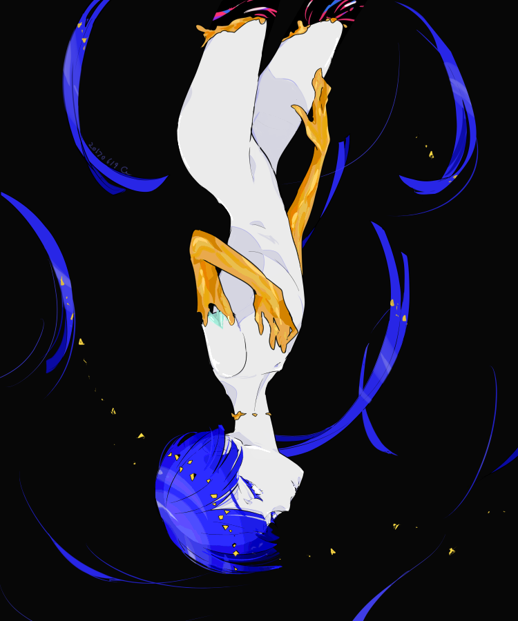 androgynous bangs black_background blue_eyes blue_hair blunt_bangs colored_eyelashes golden_arms houseki_no_kuni looking_at_viewer nude phosphophyllite phosphophyllite_(ll) short_hair solo spoilers upside-down