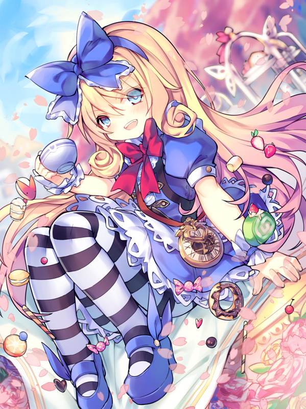 1girl :d apple_bunny apron bangs blonde_hair blue_bow blue_dress blue_eyes blue_footwear blue_hairband blue_sky blurry blurry_background blush bow bowtie candy_wrapper clouds commentary_request cup day depth_of_field doughnut dress dutch_angle eyebrows_visible_through_hair fingernails flower food hair_between_eyes hair_bow hairband holding holding_cup long_hair macaron mary_janes open_mouth outdoors pantyhose pink_flower pink_rose pocket_watch puffy_short_sleeves puffy_sleeves red_neckwear roman_numerals rose shadowverse shoes short_sleeves sitting sky smile solo striped striped_legwear teacup utm very_long_hair waist_apron watch white_apron wrist_cuffs