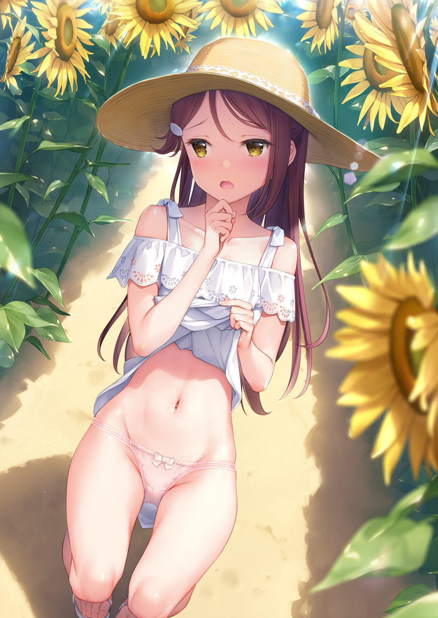 1girl :o bare_legs bare_shoulders blurry blush brown_eyes brown_hair brown_hat collarbone depth_of_field dress dress_lift dutch_angle embarrassed flower from_above hair_ornament hairclip hand_to_own_mouth hat highres lifted_by_self long_hair looking_away looking_to_the_side love_live! love_live!_sunshine!! mignon navel open_mouth outdoors panties pink_panties redhead sakurauchi_riko sandals skindentation solo squatting sun_hat sunflower thighs underwear white_dress yellow_eyes