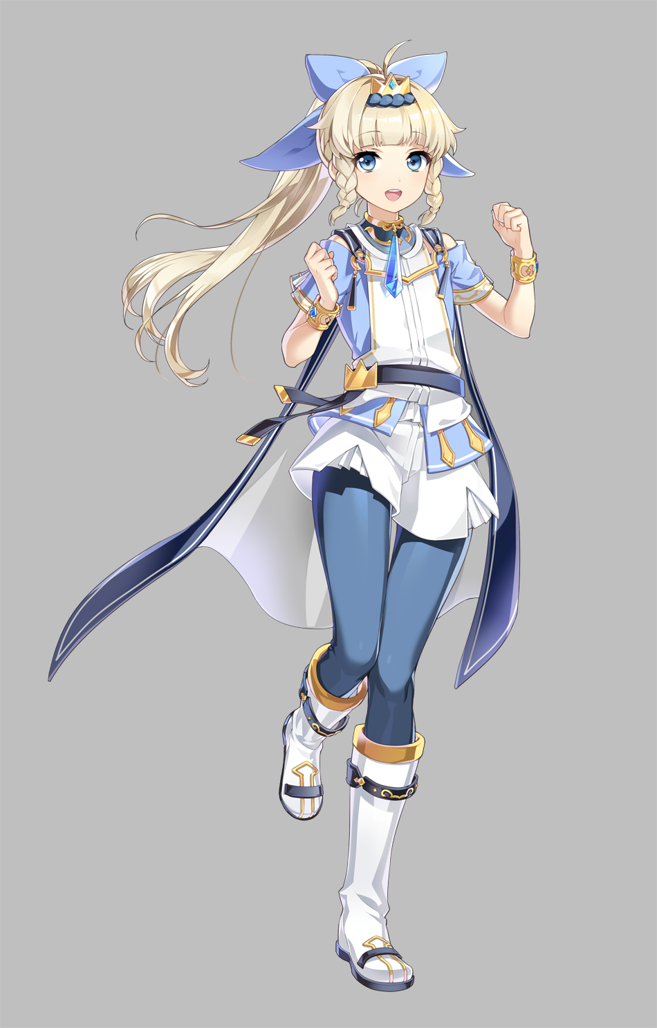 1girl :d ahoge belt blonde_hair blue_bow blue_eyes blue_legwear blue_pants boots bow bracelet braid cape clenched_hand epic7 full_body gem grey_background highres jewelry long_hair looking_at_viewer official_art open_mouth pants ponytail sidelocks skirt smile solo standing standing_on_one_leg white_footwear white_skirt