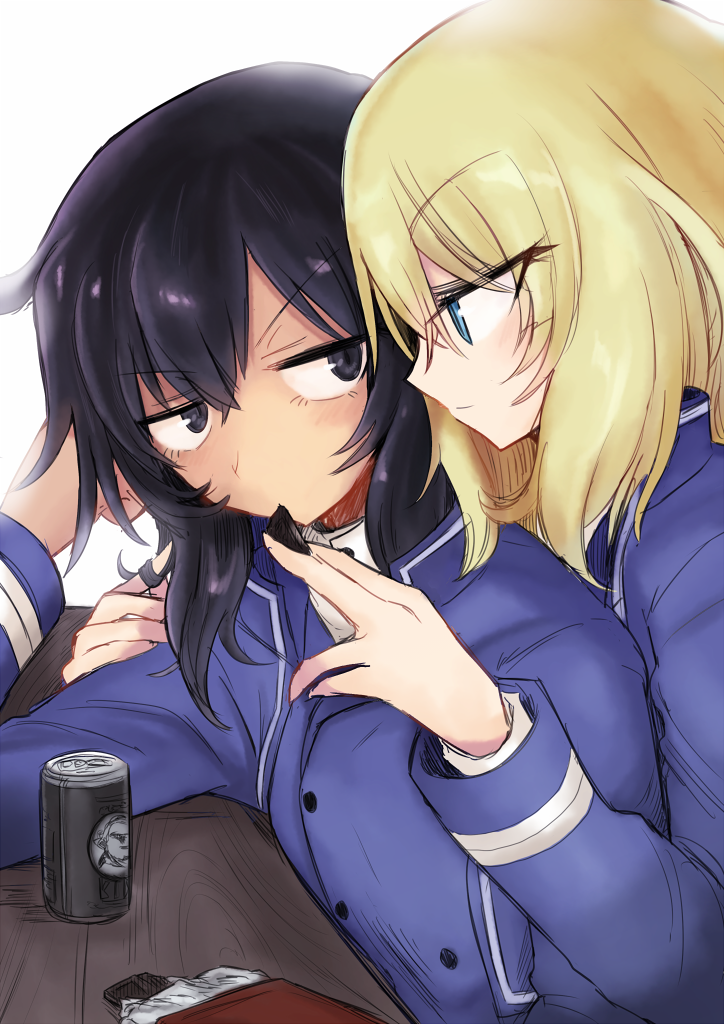 2girls andou_(girls_und_panzer) bangs bar bc_freedom_military_uniform black_eyes black_hair blonde_hair blue_eyes blue_jacket blue_vest can chocolate chocolate_bar closed_mouth dress_shirt elbow_rest eyebrows_visible_through_hair feeding frown girls_und_panzer glaring half-closed_eyes high_collar jacket kyuusui_gakari long_sleeves looking_at_another looking_back medium_hair military military_uniform multiple_girls oshida_(girls_und_panzer) playing_with_another's_hair shirt sitting smile soda_can uniform v-shaped_eyebrows vest white_shirt