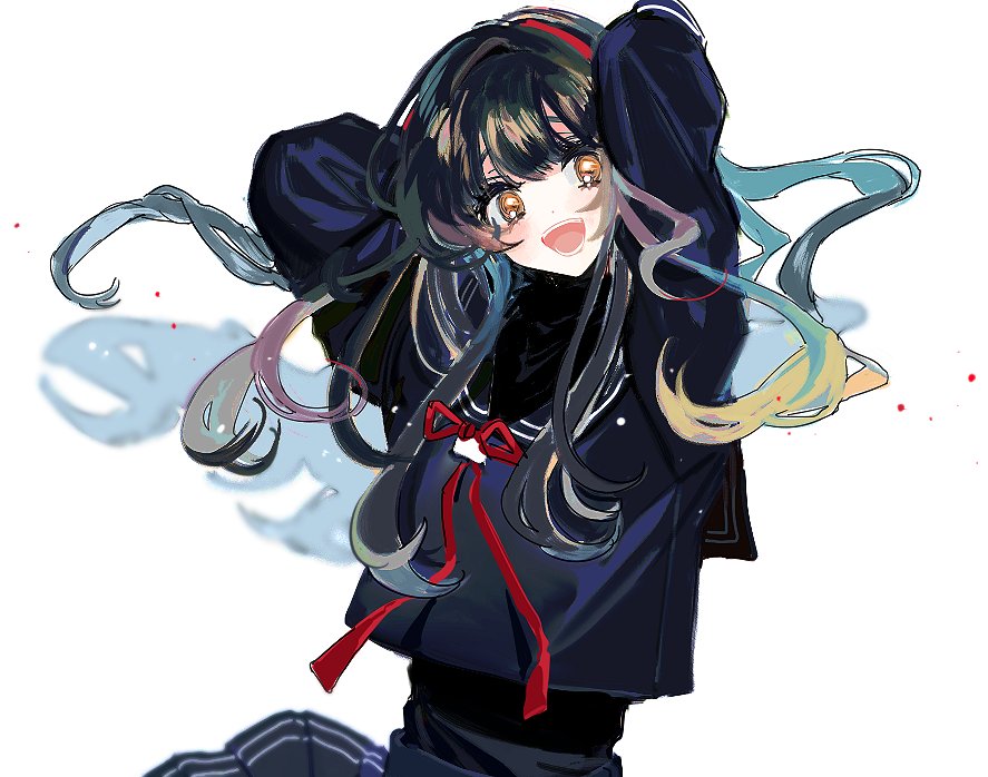 1girl :d black_hair blue_shirt blue_skirt brown_eyes copyright_request hairband head_tilt long_hair long_sleeves looking_at_viewer lunch_(lunchicken) neck_ribbon open_mouth pleated_skirt red_neckwear red_ribbon ribbon shirt skirt smile solo