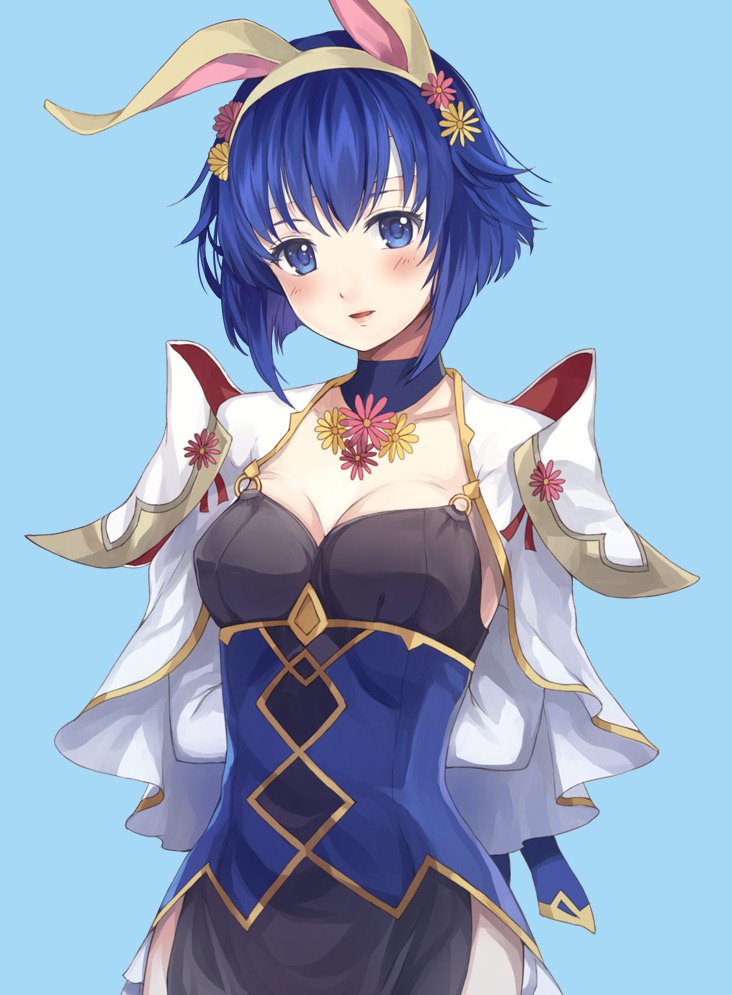 1girl alternate_costume animal_ears armor artist_request blue_eyes blue_hair blush bunny_girl bunny_tail bunnysuit carrot elbow_gloves fire_emblem fire_emblem:_mystery_of_the_emblem fire_emblem_heroes gloves headband katua looking_at_viewer pegasus_knight rabbit_ears short_hair smile solo tail thigh-highs