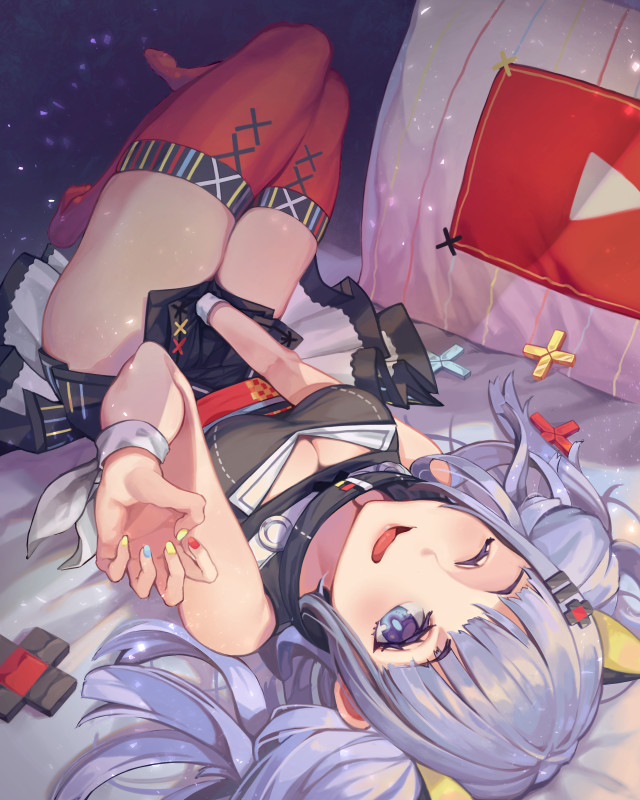 1girl ;d animal_ears bangs bare_shoulders bed_sheet between_legs blue_eyes blunt_bangs blush breasts cleavage dress elrusa fake_animal_ears full_body hair_ornament hairclip hand_between_legs kaguya_luna kaguya_luna_(character) looking_at_viewer lying medium_breasts nail_polish obi on_back on_bed one_eye_closed open_mouth pillow play_button sash silver_hair skirt sleeveless sleeveless_dress smile solo thigh-highs twintails upside-down virtual_youtuber