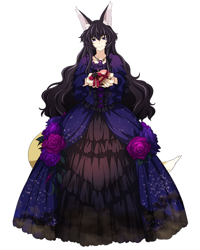 1girl animal_ears black_hair box collarbone dress eyebrows_visible_through_hair flower fox_ears fox_tail full_body gift gift_box hair_between_eyes heart-shaped_box holding holding_box jewelry layered_dress log_horizon long_dress long_hair looking_at_viewer necklace nureha official_art purple_flower smile solo standing starry_sky_print tail transparent_background very_long_hair violet_eyes