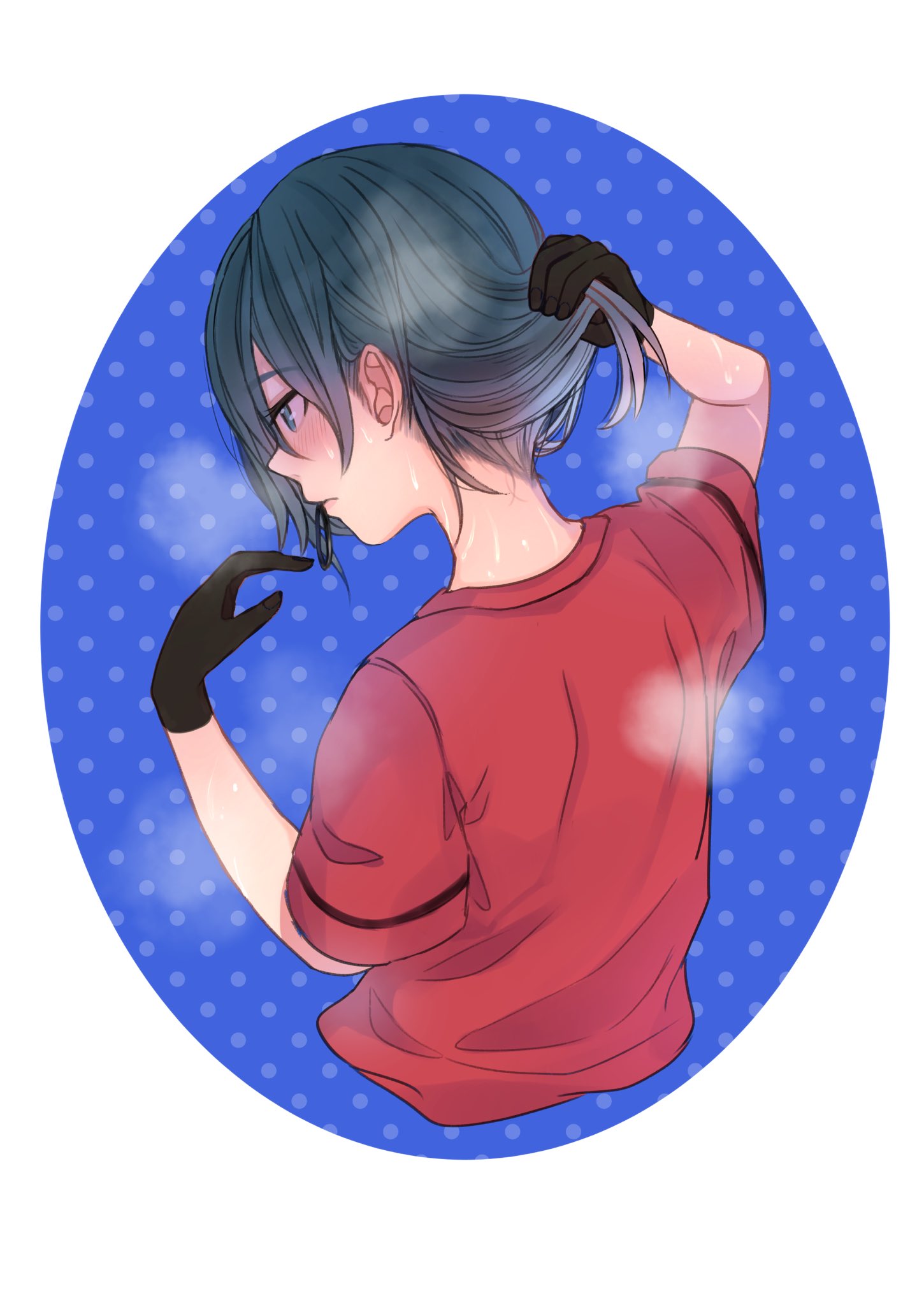 1girl ancolatte_(onikuanco) black_gloves black_hair blush closed_mouth commentary eyebrows_visible_through_hair from_behind gloves highres hot kaban_(kemono_friends) kemono_friends no_hat no_headwear red_shirt shirt short_hair short_sleeves solo sweat sweating