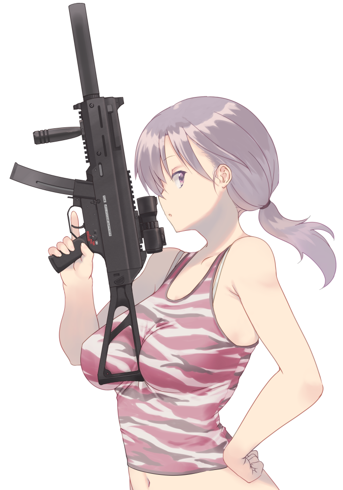 1girl :o bangs bare_arms bare_shoulders between_breasts bra_strap breasts camouflage gun h&amp;k_ump hair_tie heckler_&amp;_koch holding holding_gun holding_weapon long_hair looking_at_viewer medium_breasts nakadori_(movgnsk) navel open_mouth playerunknown's_battlegrounds ponytail profile shiny shiny_hair silver_hair simple_background solo submachine_gun tank_top trigger_discipline upper_body violet_eyes weapon white_background