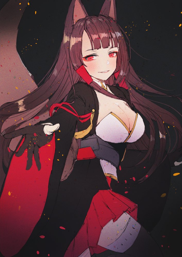 1girl aiguillette akagi_(azur_lane) animal_ears azur_lane bangs black_hair black_legwear blush breasts brown_hair cleavage collar confetti eyeshadow floating_hair fox_ears fox_tail gloves hair_ornament half-closed_eyes hanato_(seonoaiko) japanese_clothes large_breasts long_hair looking_at_viewer makeup multiple_girls multiple_tails parted_lips partly_fingerless_gloves petals pleated_skirt reaching_out red_eyes red_skirt rigging skirt smile solo tail thigh-highs thighs work_in_progress