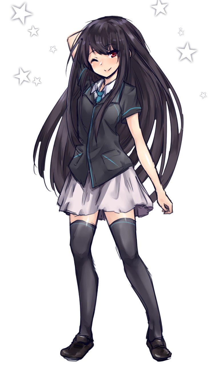 1girl amagi_(amagi626) arm_behind_head bangs black_footwear black_hair black_legwear black_shirt blue_neckwear blush commentary convenience_store familymart full_body highres houraisan_kaguya long_hair looking_at_viewer miniskirt necktie one_eye_closed pleated_skirt pocket red_eyes shirt shop short_sleeves skirt smile solo star thigh-highs touhou white_skirt zettai_ryouiki