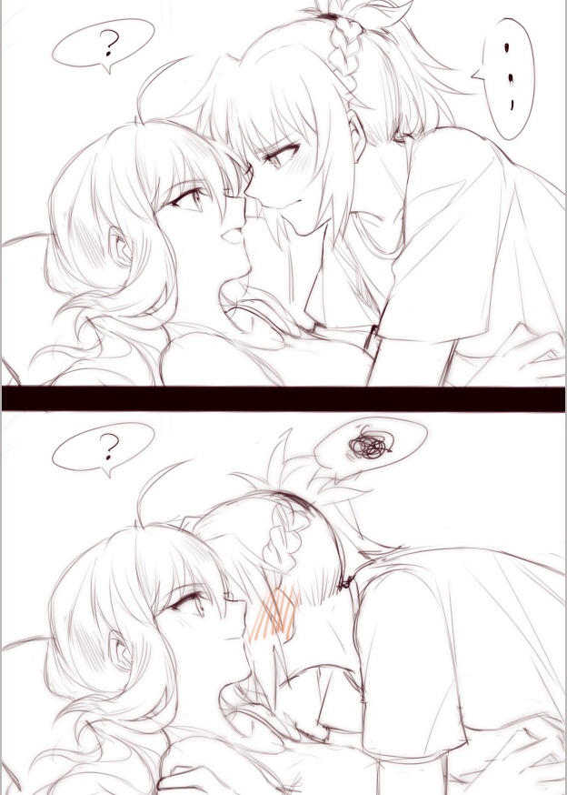 ... 2girls ? artoria_pendragon_(all) blush comic face-to-face fate/grand_order fate_(series) from_side greyscale monochrome mordred_(fate) mordred_(fate)_(all) mother_and_daughter multiple_girls open_mouth saber short_sleeves silent_comic smile spoken_ellipsis spoken_question_mark spoken_squiggle spot_color squiggle yorukun yuri