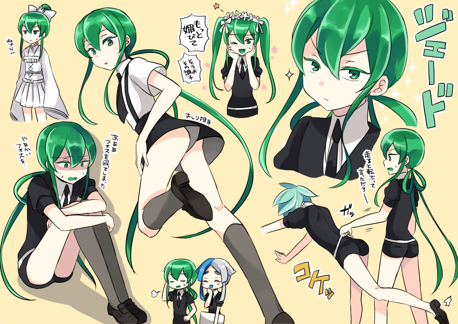 :d ;d androgynous ass bangs black_neckwear black_shorts blue_hair bow brown_background brown_footwear collared_shirt colored_eyelashes dress euclase_(houseki_no_kuni) eyebrows_visible_through_hair gem_uniform_(houseki_no_kuni) green_eyes green_hair grey_legwear hair_between_eyes hair_bow hair_bun hair_ribbon holding houseki_no_kuni jade_(houseki_no_kuni) kneehighs kneepits leg_hug loafers long_hair long_sleeves mizuhotsuki multicolored_hair necktie one_eye_closed open_mouth parted_lips phosphophyllite pleated_dress puffy_short_sleeves puffy_sleeves ribbon shaded_face shirt shoes short_shorts short_sleeves shorts sigh silver_hair simple_background sitting sleeves_past_fingers sleeves_past_wrists smile sparkle standing standing_on_one_leg star suspender_shorts suspenders sweat twintails two-tone_hair uniform v-shaped_eyebrows very_long_hair white_bow white_dress white_shirt wide_sleeves