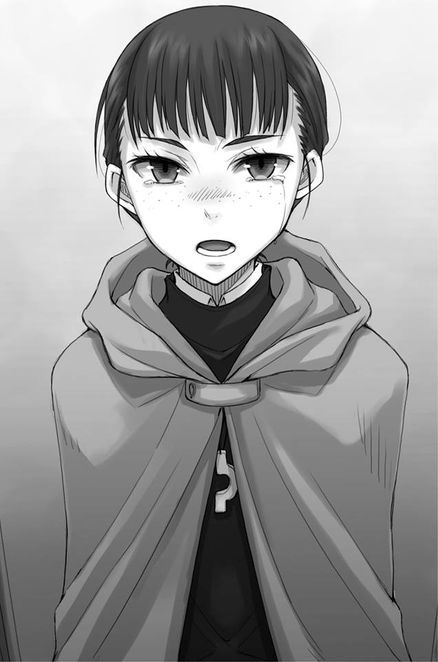 1girl ayakura_juu cape crying crying_with_eyes_open elsa_schtingheim gradient gradient_background grey_background greyscale hood hooded looking_at_viewer monochrome novel_illustration official_art open_mouth short_hair solo spice_and_wolf standing tears upper_body