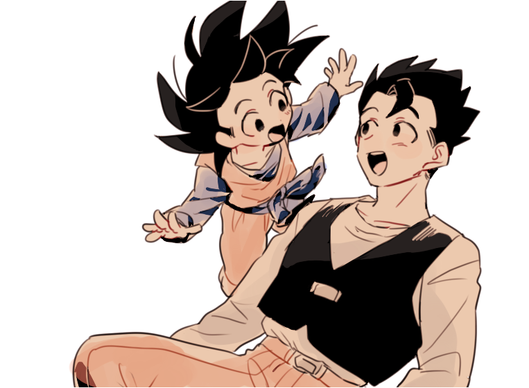 2boys :d belt black_hair brothers dougi dragon_ball dragonball_z happy long_sleeves looking_at_another male_focus multiple_boys open_mouth outstretched_arms pants shirt short_hair siblings simple_background smile son_gohan son_goten spiky_hair waiscoat white_background white_shirt