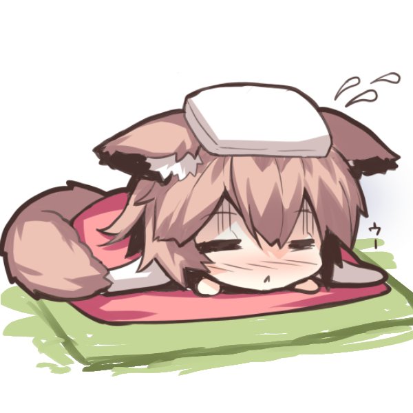 1girl :&lt; animal_ears bangs blush brown_hair chibi closed_eyes closed_mouth eyebrows_visible_through_hair facing_viewer flying_sweatdrops fox_ears fox_girl fox_tail futon hair_between_eyes lying nose_blush on_stomach original sick solo tail towel towel_on_head under_covers yuuji_(yukimimi)