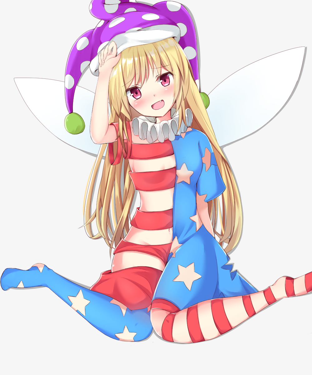 1girl alternate_legwear american_flag_dress american_flag_legwear blonde_hair clownpiece dress fairy fairy_wings frilled_shirt_collar frills hat highres jester_cap kuraaken leggings long_hair neck_ruff pantyhose pink_eyes polka_dot print_legwear short_dress short_sleeves star star_print striped touhou very_long_hair wings