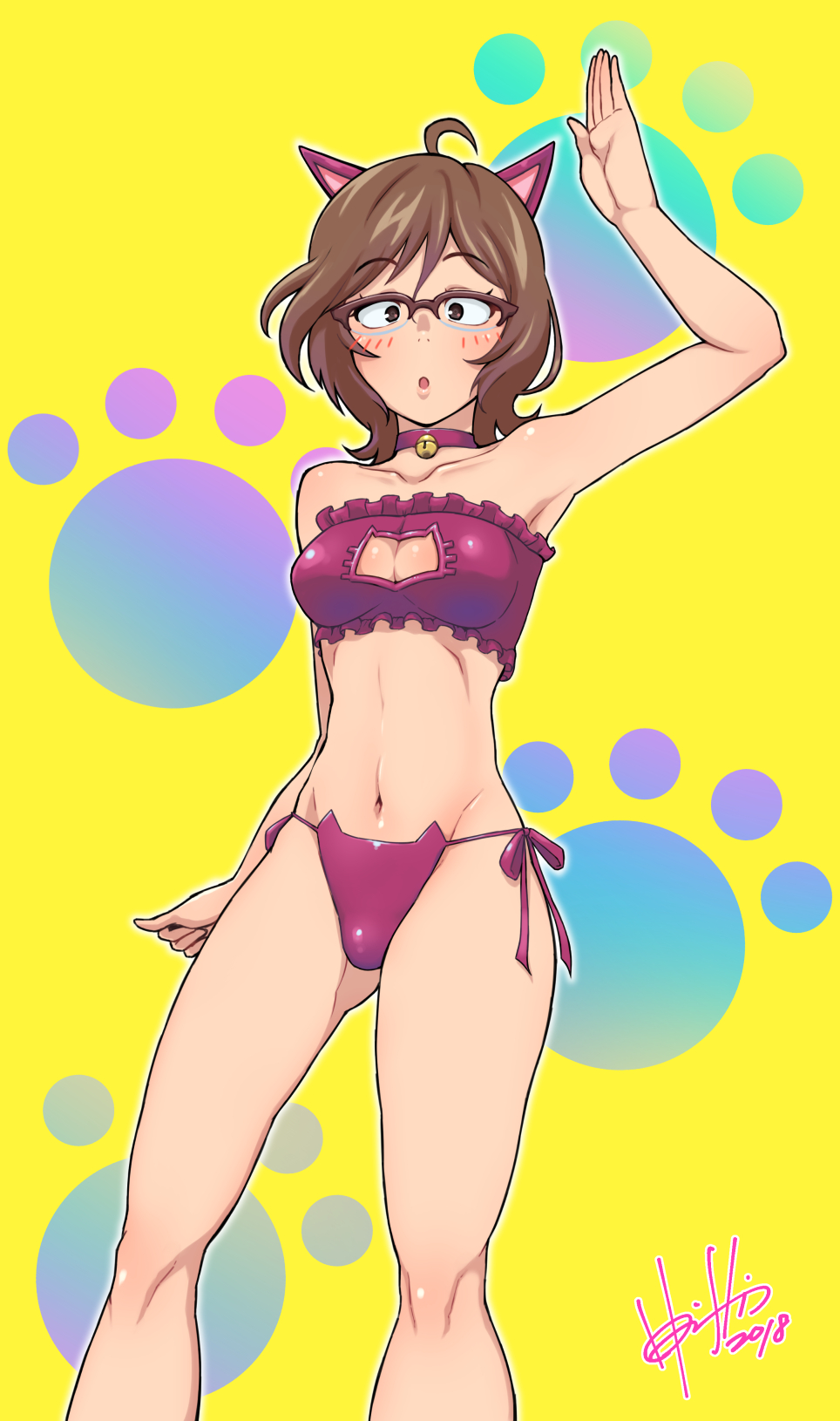 1girl :o ahoge animal_ears bare_shoulders bell bell_collar blush breasts brown_eyes brown_hair cat_ears cat_lingerie cleavage cleavage_cutout collar collarbone commentary_request dagashi_kashi eyebrows_visible_through_hair glasses hand_up highres hori_shin looking_at_viewer meme_attire messy_hair navel open_mouth over-rim_eyewear owari_hajime panties paw_print_pattern semi-rimless_eyewear short_hair side-tie_panties signature solo underwear