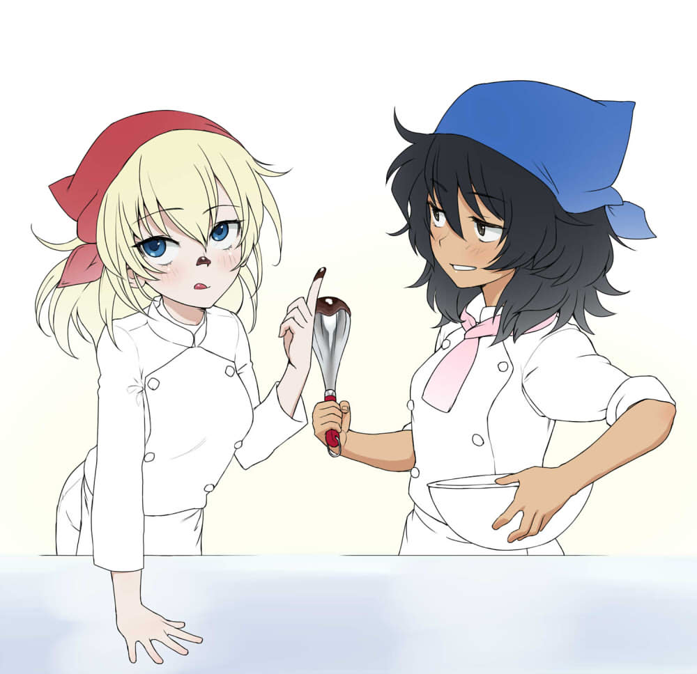 2girls :q alternate_uniform andou_(girls_und_panzer) arm_support ascot bangs black_hair blue_bandana blue_eyes bowl brown_eyes chef_uniform chocolate closed_mouth commentary_request dark_skin eyebrows_visible_through_hair food food_on_face food_on_finger girls_und_panzer grin holding jacket licking_lips long_sleeves looking_at_another looking_up medium_hair multiple_girls oshida_(girls_und_panzer) pink_neckwear pointing pointing_up red_bandana skirt sleeves_rolled_up smile spatula standing tongue tongue_out wata_do_chinkuru white_jacket white_skirt