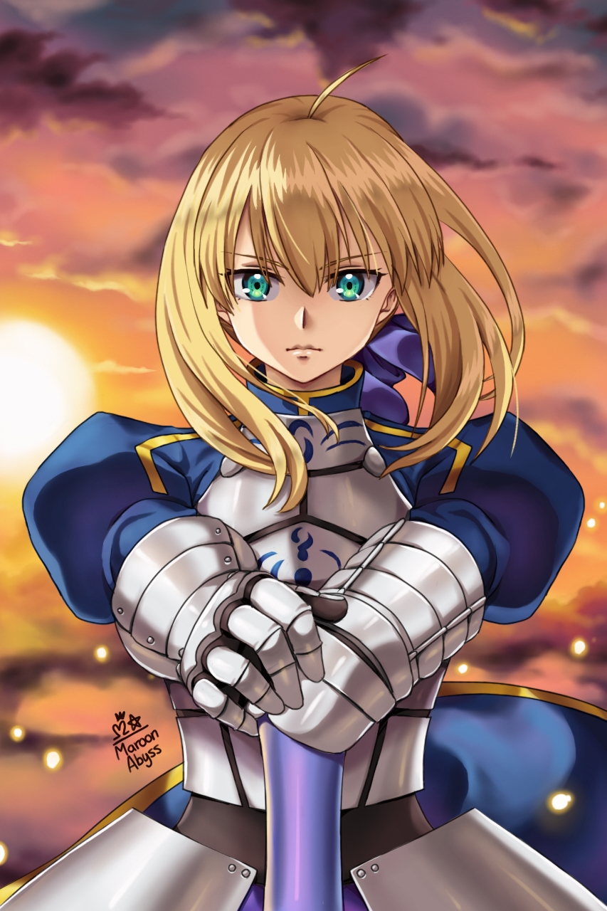 1girl ahoge armor armored_dress artoria_pendragon_(all) blonde_hair blouse fate/stay_night fate_(series) gauntlets green_eyes hair_ribbon highres holding holding_weapon maroonabyss ribbon saber solo sword type-moon weapon