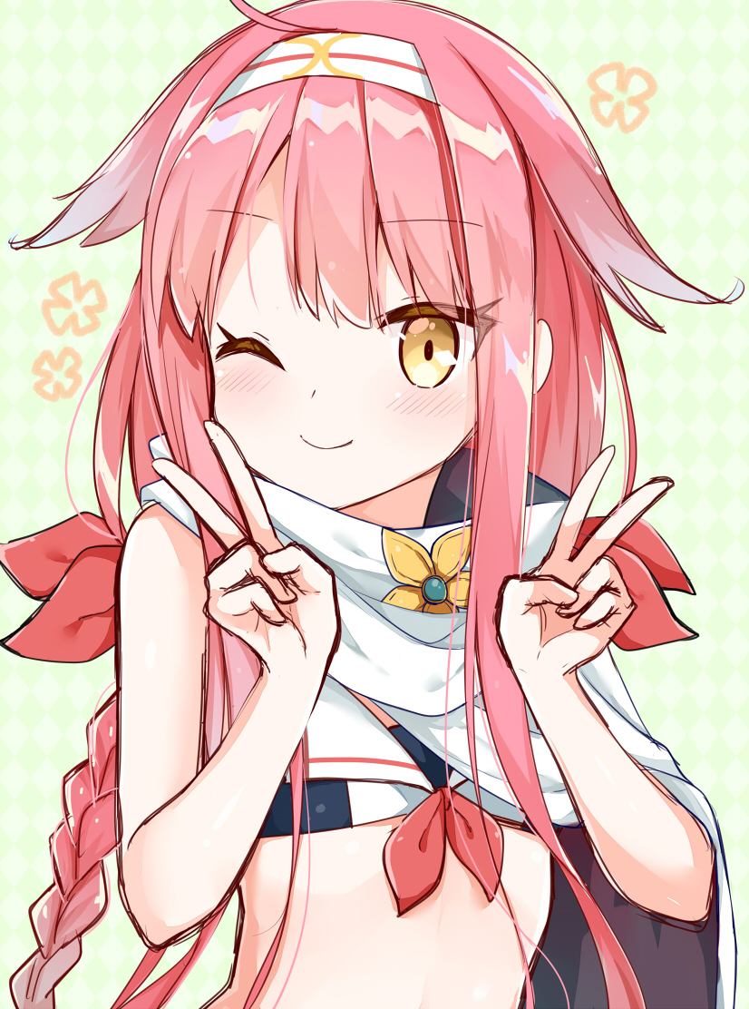 1girl ;) ahoge bikini_top braid cape double_v eyebrows_visible_through_hair hair_between_eyes hairband kamu_(geeenius) kantai_collection kawakaze_(kantai_collection) long_hair looking_at_viewer one_eye_closed pink_hair red_ribbon ribbon sketch smile solo upper_body v very_long_hair white_cape white_hairband yellow_eyes