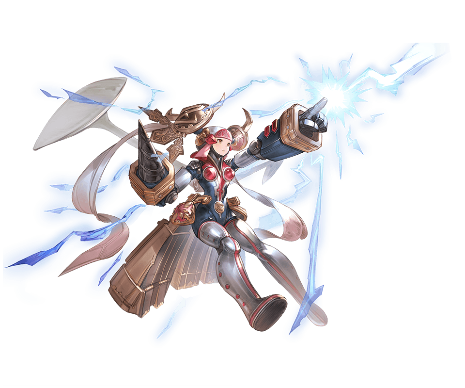 1girl android boots closed_mouth drill electricity full_body granblue_fantasy minaba_hideo official_art outstretched_arm pink_hair pointing robomi_(granblue_fantasy) solo
