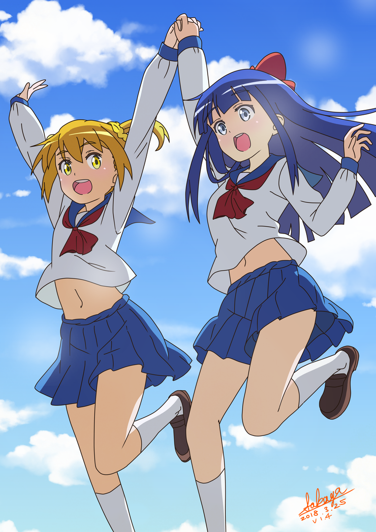 2girls arm_up arms_up blue_eyes blue_hair blue_sailor_collar blue_skirt blue_sky bow brown_footwear clouds commentary_request dated day hair_bow hair_ornament hair_scrunchie hand_holding hand_up interlocked_fingers kirara_jump kneehighs loafers long_hair long_sleeves multiple_girls navel orange_hair outdoors pipimi pleated_skirt poptepipic popuko red_bow red_neckwear sailor_collar sakayaya school_uniform scrunchie serafuku shirt shoes signature skirt sky sleeves_past_wrists twintails very_long_hair white_legwear white_shirt yellow_eyes yellow_scrunchie