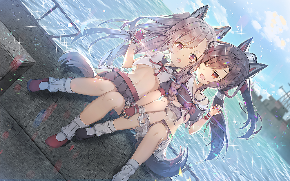 2girls :d ;d aile_(crossroads) azur_lane bangs black_footwear black_skirt blue_nails blue_sky braid breasts brown_eyes brown_hair claw_pose clouds collarbone commentary_request crop_top day dutch_angle eyebrows_visible_through_hair fang fingerless_gloves fingernails gloves green_nails hand_up light_brown_hair loose_socks medium_breasts multicolored multicolored_nail_polish multiple_girls nail_polish navel ocean one_eye_closed open_mouth outdoors pink_nails pleated_skirt puffy_short_sleeves puffy_sleeves red_eyes red_footwear red_gloves red_nails school_uniform serafuku shigure_(azur_lane) shirt shoes short_sleeves single_braid single_fingerless_glove skirt sky smile socks sparkle thick_eyebrows v-shaped_eyebrows white_legwear white_shirt wristband yuudachi_(azur_lane)