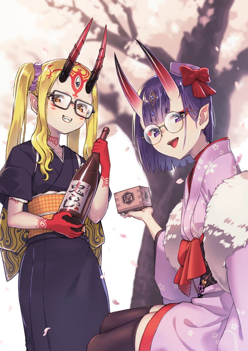 2girls :d alcohol bangs bespectacled black-framed_eyewear black_kimono black_legwear blonde_hair bottle bow brown_eyes commentary_request eyebrows_visible_through_hair facial_mark fangs fate/grand_order fate_(series) floral_print fur_trim glasses grin hair_ornament hair_scrunchie hat highres holding holding_bottle horns ibaraki_douji_(fate/grand_order) japanese_clothes kimono long_hair long_sleeves looking_at_viewer masu mini_hat multiple_girls oni oni_horns open_mouth outdoors petals pink_hat pink_kimono pointy_ears print_kimono purple_hair purple_scrunchie red_bow round_eyewear sake sake_bottle saruchitan scrunchie short_hair short_kimono shuten_douji_(fate/grand_order) sidelocks sitting smile standing thick_eyebrows thigh-highs tree twintails violet_eyes wide_sleeves