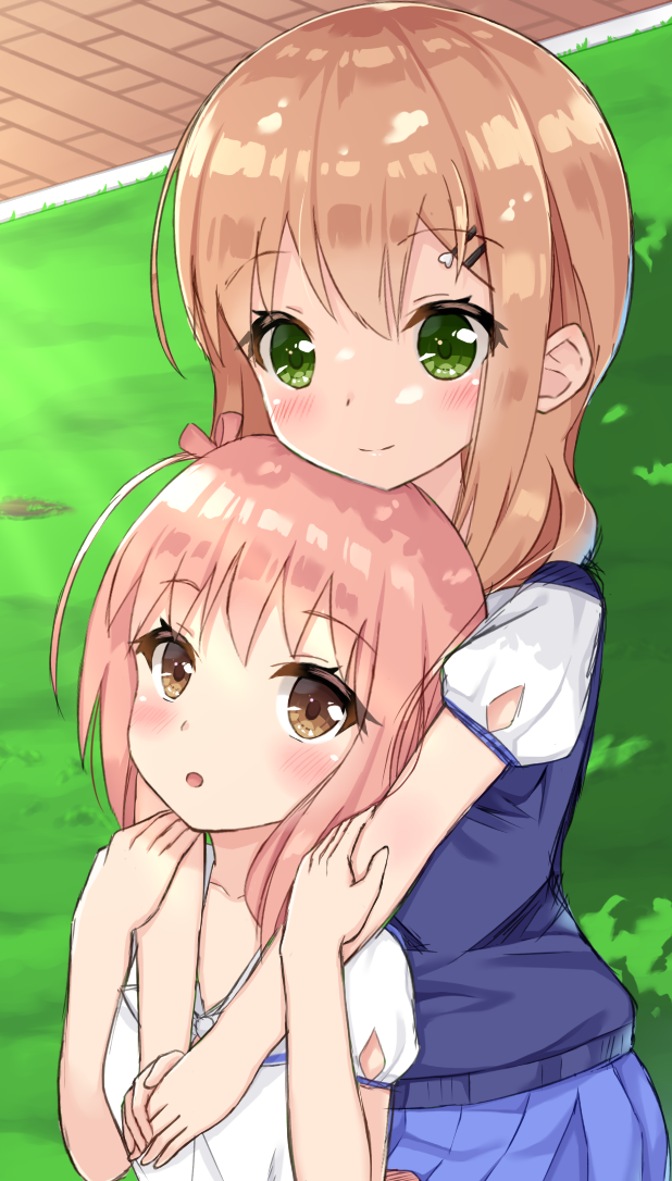 2girls :o bangs blue_skirt blush brown_eyes closed_mouth commentary_request day eyebrows_visible_through_hair green_eyes hair_between_eyes hair_ornament hairclip ichinose_hana light_brown_hair long_hair looking_at_viewer multiple_girls one_side_up outdoors parted_lips pleated_skirt puffy_short_sleeves puffy_sleeves shirt short_sleeves skirt slow_start smile sutei_(xfzdarkt) tokura_eiko white_shirt