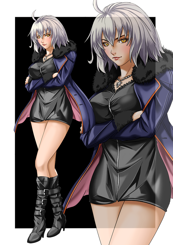 1girl ahoge black_dress black_footwear blue_coat boots breasts coat crossed_arms dress fate/grand_order fate_(series) fur_trim jeanne_d'arc_(alter)_(fate) jeanne_d'arc_(fate)_(all) jewelry kouichi09 large_breasts legs necklace open_clothes open_coat short_dress silver_hair solo standing strap yellow_eyes
