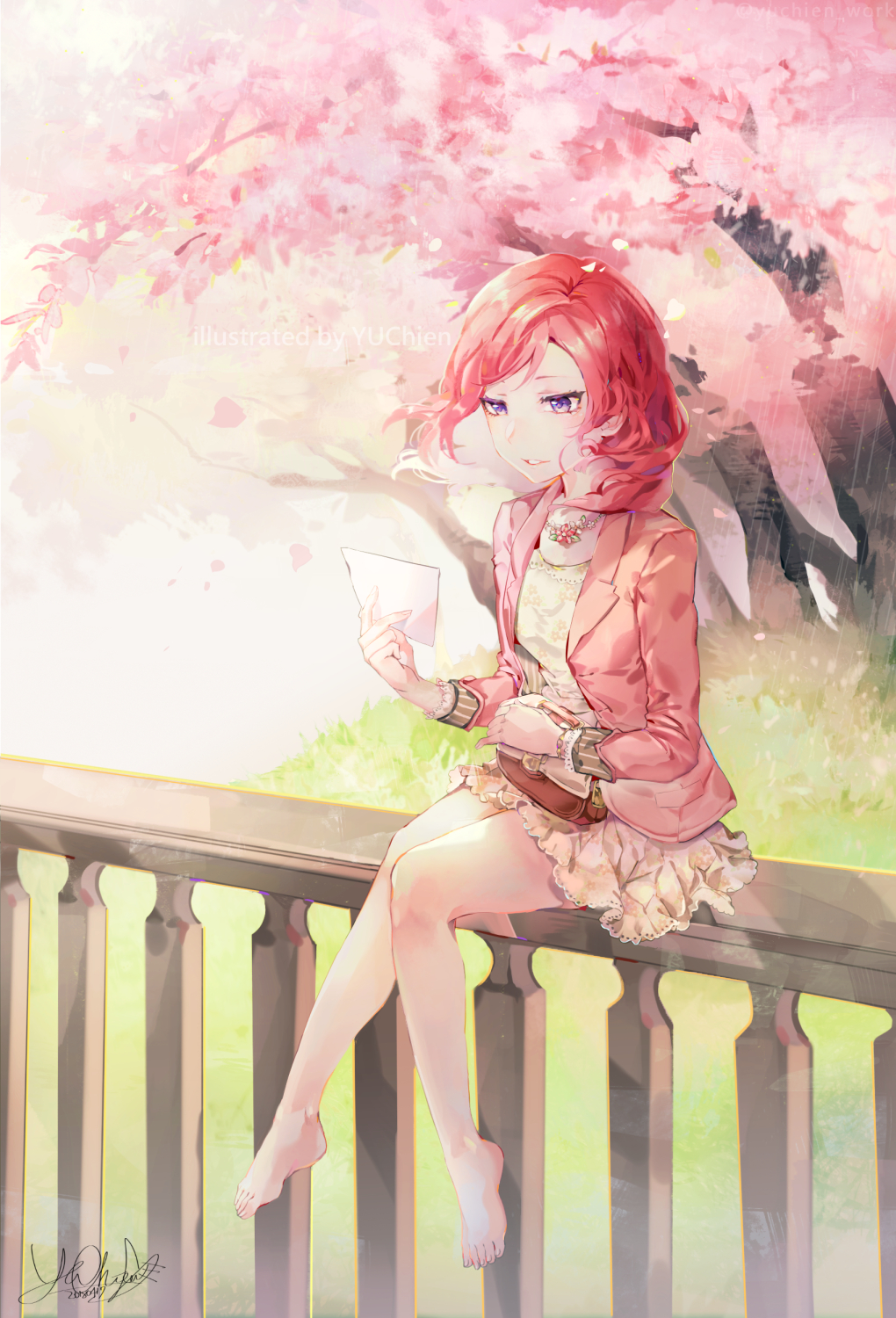 1girl artist_name bare_legs barefoot birthday blazer cherry_blossoms dated day english full_body grass happy_birthday highres holding jacket jewelry long_sleeves looking_away love_live! love_live!_school_idol_project necklace nishikino_maki outdoors parted_lips petals railing reading redhead short_hair signature sitting sitting_on_railing teeth tree violet_eyes watch watch yu_chien_(yuchien4221)