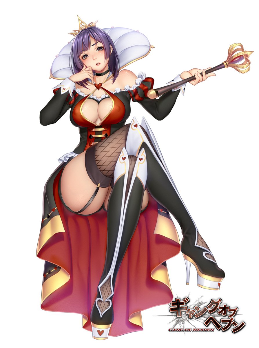1girl bare_shoulders blush boots breasts choker cleavage commentary crown detached_sleeves dress fingernails fishnet_legwear fishnets frills full_body gang_of_heaven garter_straps grey_eyes hair_ornament heart high_heel_boots high_heels highres holding jewelry large_breasts legs_crossed logo looking_at_viewer masami_chie official_art parted_lips puffy_sleeves purple_hair scepter short_hair sidelocks simple_background sitting solo striped vertical_stripes white_background
