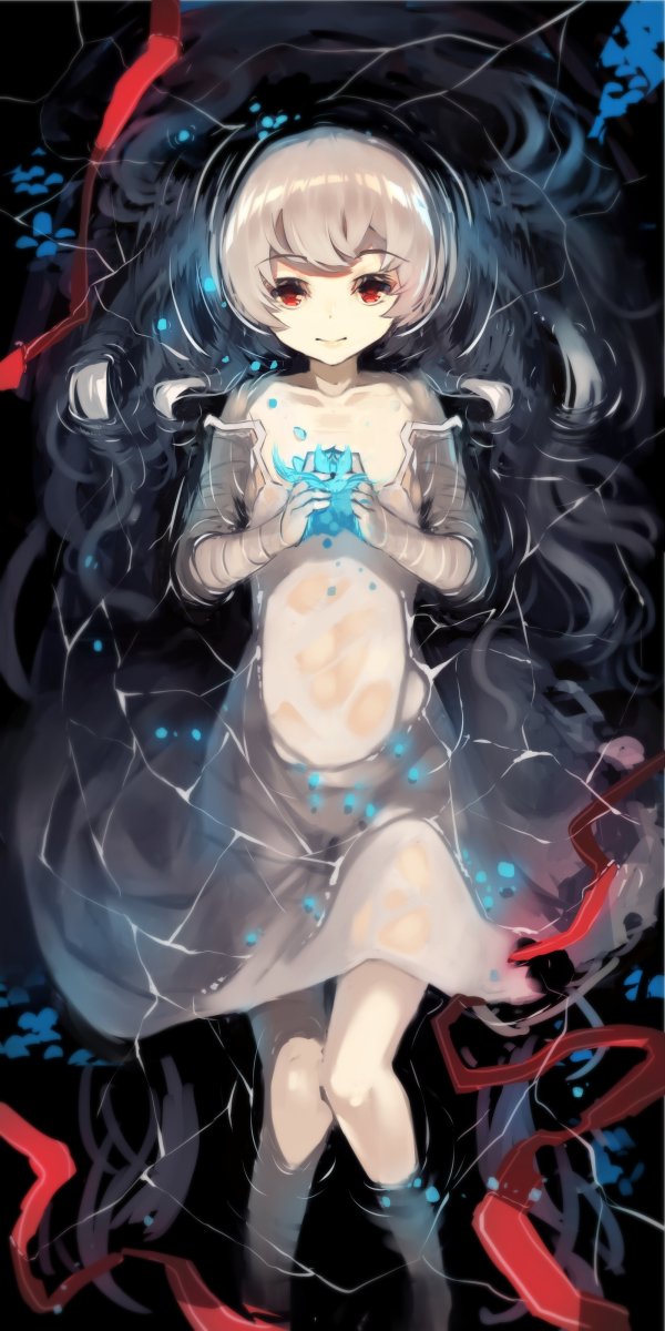 1girl bandage bandaged_arm bangs bare_shoulders blue_flower closed_mouth collarbone dress eyebrows_visible_through_hair flower highres holding holding_flower long_hair looking_at_viewer lying on_back original partially_submerged red_eyes red_ribbon ribbon see-through silver_hair sketch sleeveless sleeveless_dress smile solo strap_slip very_long_hair wet wet_clothes wet_dress wet_hair white_dress yuuji_(yukimimi)
