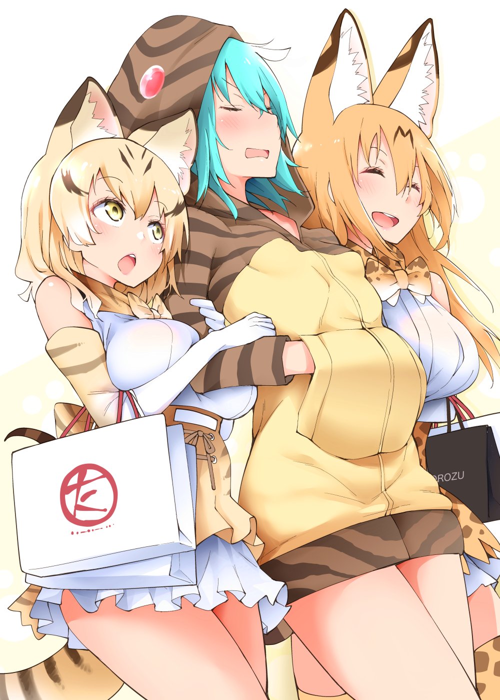 3girls :d alternate_hair_length alternate_hairstyle animal_ears bag blonde_hair blush breasts cat_ears cat_tail closed_eyes commentary_request elbow_gloves eyebrows_visible_through_hair gloves green_eyes hands_in_pocket hayashi_(l8poushou) highres hood hood_up hoodie kemono_friends large_breasts long_hair multiple_girls older open_mouth orange_hair orange_legwear sand_cat_(kemono_friends) serval_(kemono_friends) serval_ears short_hair skirt smile tail thigh-highs tsuchinoko_(kemono_friends) tsundere white_background white_skirt