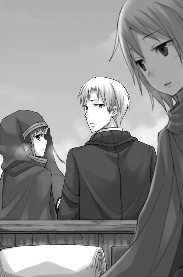 1girl 2boys ayakura_juu cape craft_lawrence eyebrows_visible_through_hair from_behind greyscale hair_between_eyes holo hood hooded horse looking_back looking_down monochrome multiple_boys novel_illustration official_art outdoors parted_lips sitting spice_and_wolf tote_col upper_body