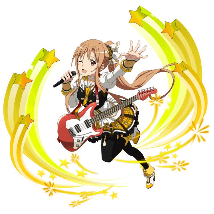 1girl ;d arm_up asuna_(sao) black_legwear brown_eyes brown_hair choker floating_hair frilled_skirt frills guitar hair_ribbon high_heels holding holding_microphone idol instrument long_hair microphone miniskirt necktie one_eye_closed open_mouth pantyhose pleated_skirt ponytail ribbon ribbon_choker skirt smile solo star sword_art_online very_long_hair white_background white_ribbon yellow_neckwear yellow_skirt